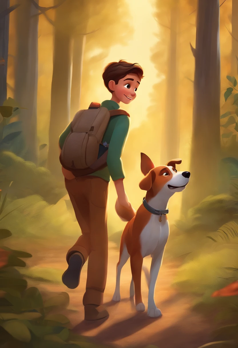 Draw Lucas, a smiling boy, holding his faithful friend, Bolt, the dog, as they walk through the forest together.