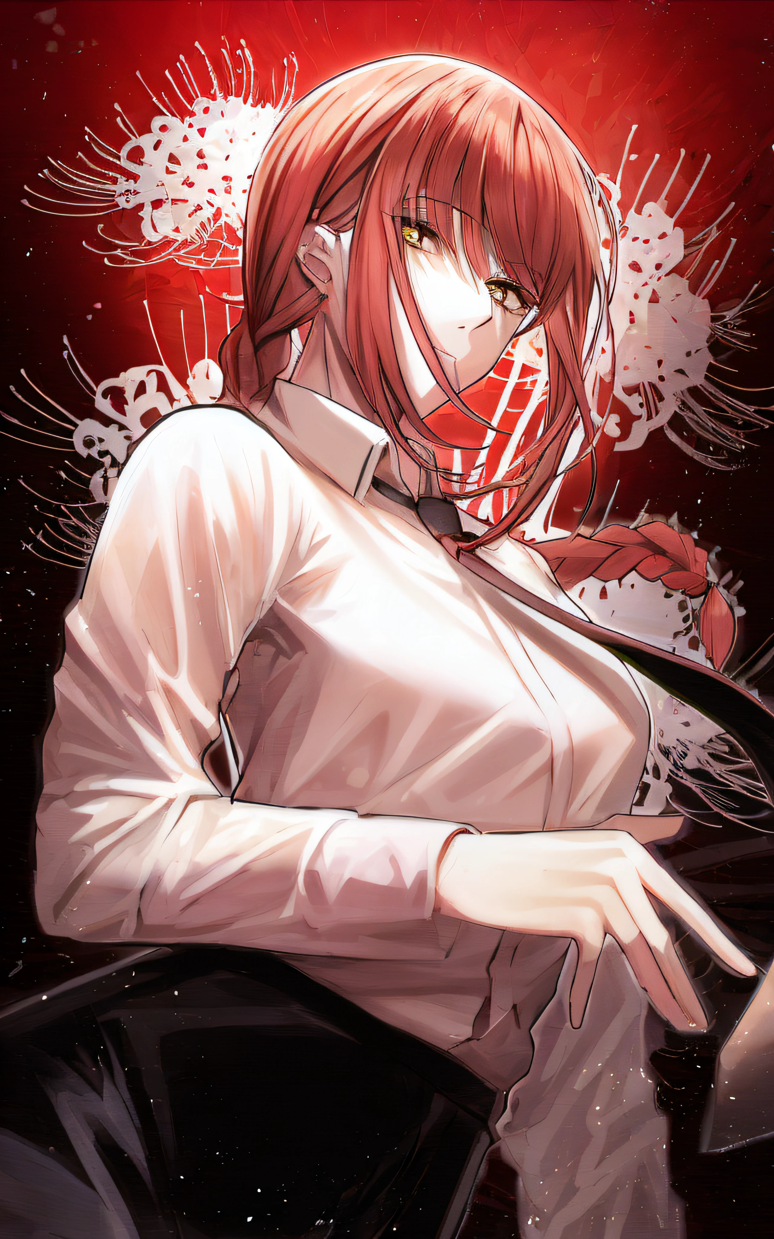 Makima \(chain saw man\), best quality, ultra detalhado, 1 cinta, sozinho, Standing, red hair, long braided hair, sedutora，Um sorriso sedutor，encantador，olhos dourados, franja, medium breasts, camisa branca, gravatas, ficar, sorrir,  (fundo escuro), [[sangue]]