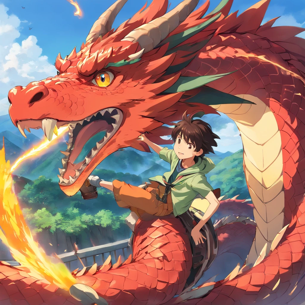 （Cute boy riding a dragon），Segurando um leque de penas，Red Fire Dragon，Fogo com intensidade，There was a fire in the air，Efeito gunsmoke：1.5,Slender dragon body，elevation，Vista distante，super detalhamento，melhor qualidade，tmasterpiece，8k，extremamente detalhado，arte epica. Garoto de cabelo preto, garoto com muculos, cabelo espetado