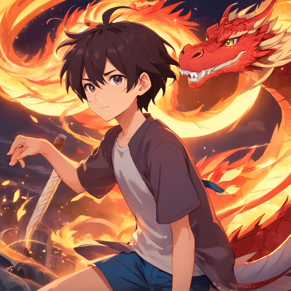 （Cute boy riding a dragon），Segurando um leque de penas，Red Fire Dragon，Fogo com intensidade，There was a fire in the air，Efeito gunsmoke：1.5,Slender dragon body，elevation，Vista distante，super detalhamento，melhor qualidade，tmasterpiece，8k，extremamente detalhado，arte epica. Garoto de cabelo preto, garoto com muculos, cabelo espetado