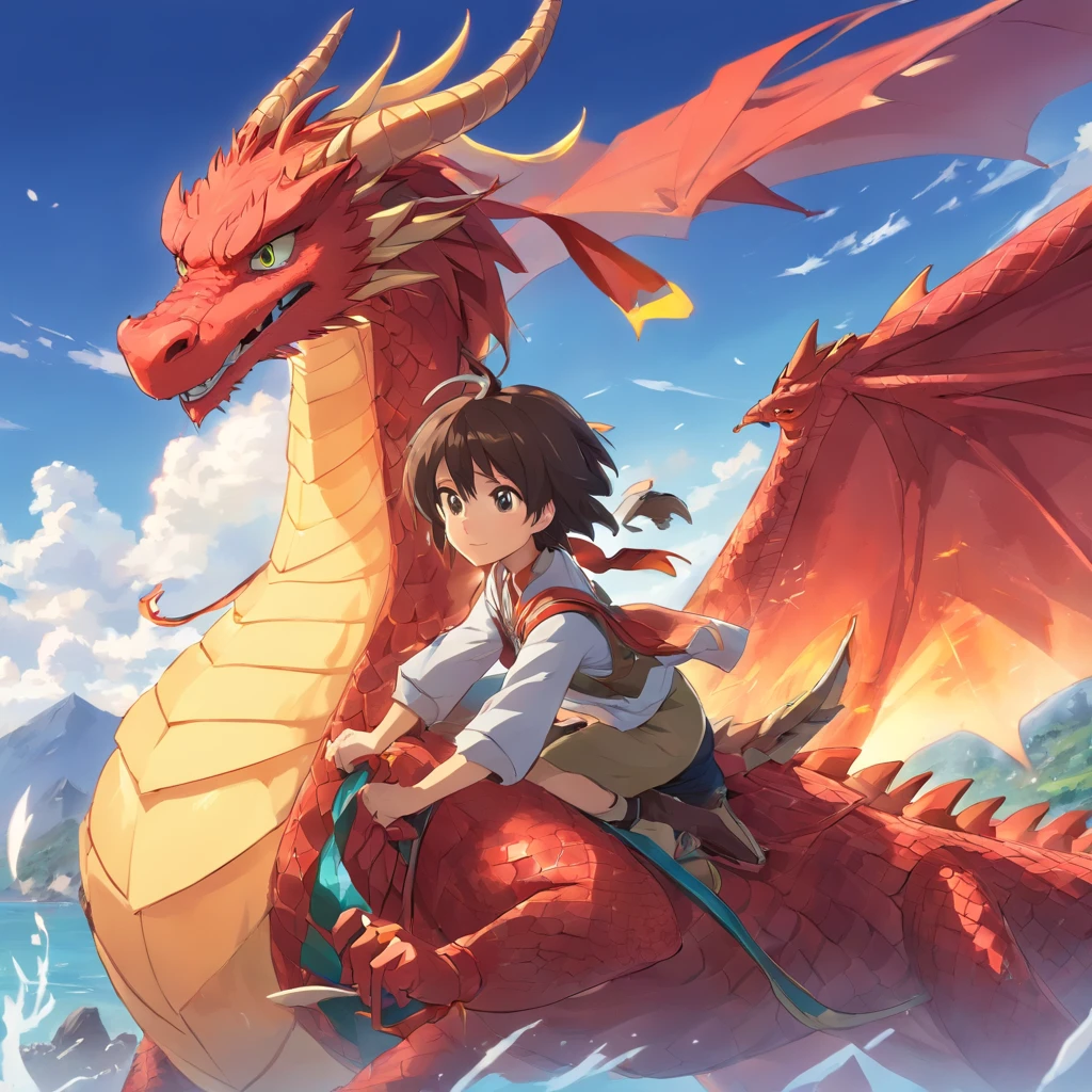 （Cute boy riding a dragon），Segurando um leque de penas，Red Fire Dragon，Fogo com intensidade，There was a fire in the air，Efeito gunsmoke：1.5,Slender dragon body，elevation，Vista distante，super detalhamento，melhor qualidade，tmasterpiece，8k，extremamente detalhado，arte epica. Garoto de cabelo preto, garoto com muculos, cabelo espetado