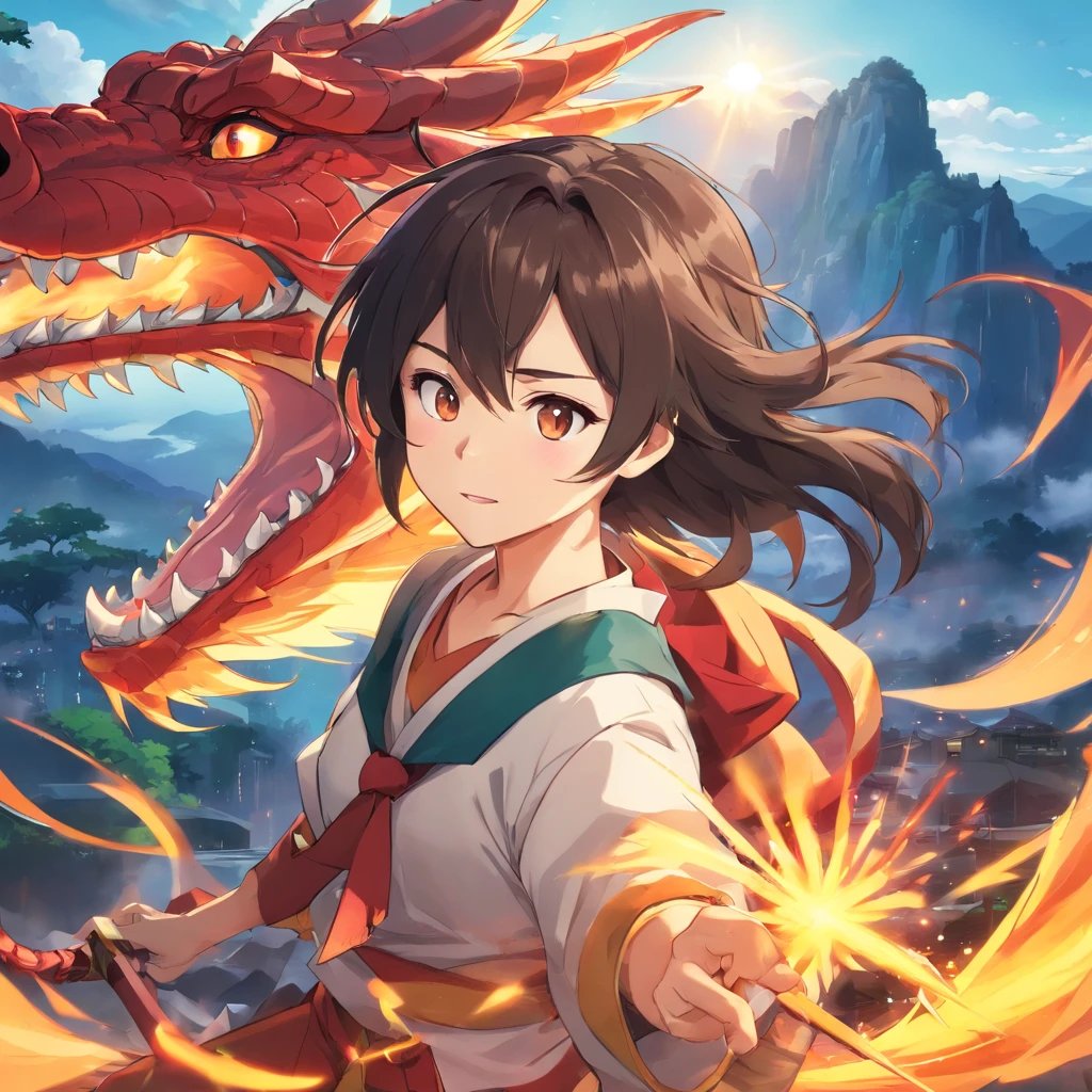 (Cute boy riding a dragon),Segurando um leque de penas,Red Fire Dragon,Fogo com intensidade,There was a fire in the air,Efeito gunsmoke:1.5,Slender dragon body,elevation,Vista distante,super detalhamento,melhor qualidade,tmasterpiece,8k,extremamente detalhado,arte epica. Garoto de cabelo preto, garoto com muculos, cabelo espetado