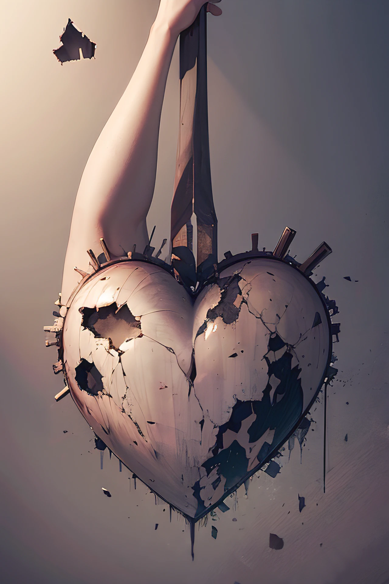 Drawing of a wounded human heart with horizontal guitar strings, broken with the falling pieces