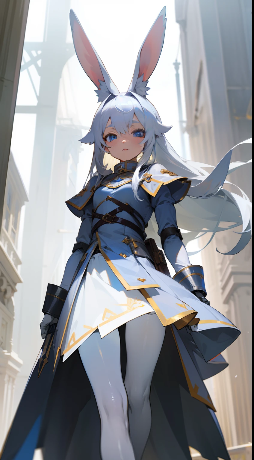 1rabbit girl,(small),solo,white hair,Long rabbit ear,blue eyes,long hair,templar silver knight outfit,white skirt,masterpiece,best face,detailed face,innocent face,walking in the road,neutral face,black pantyhose