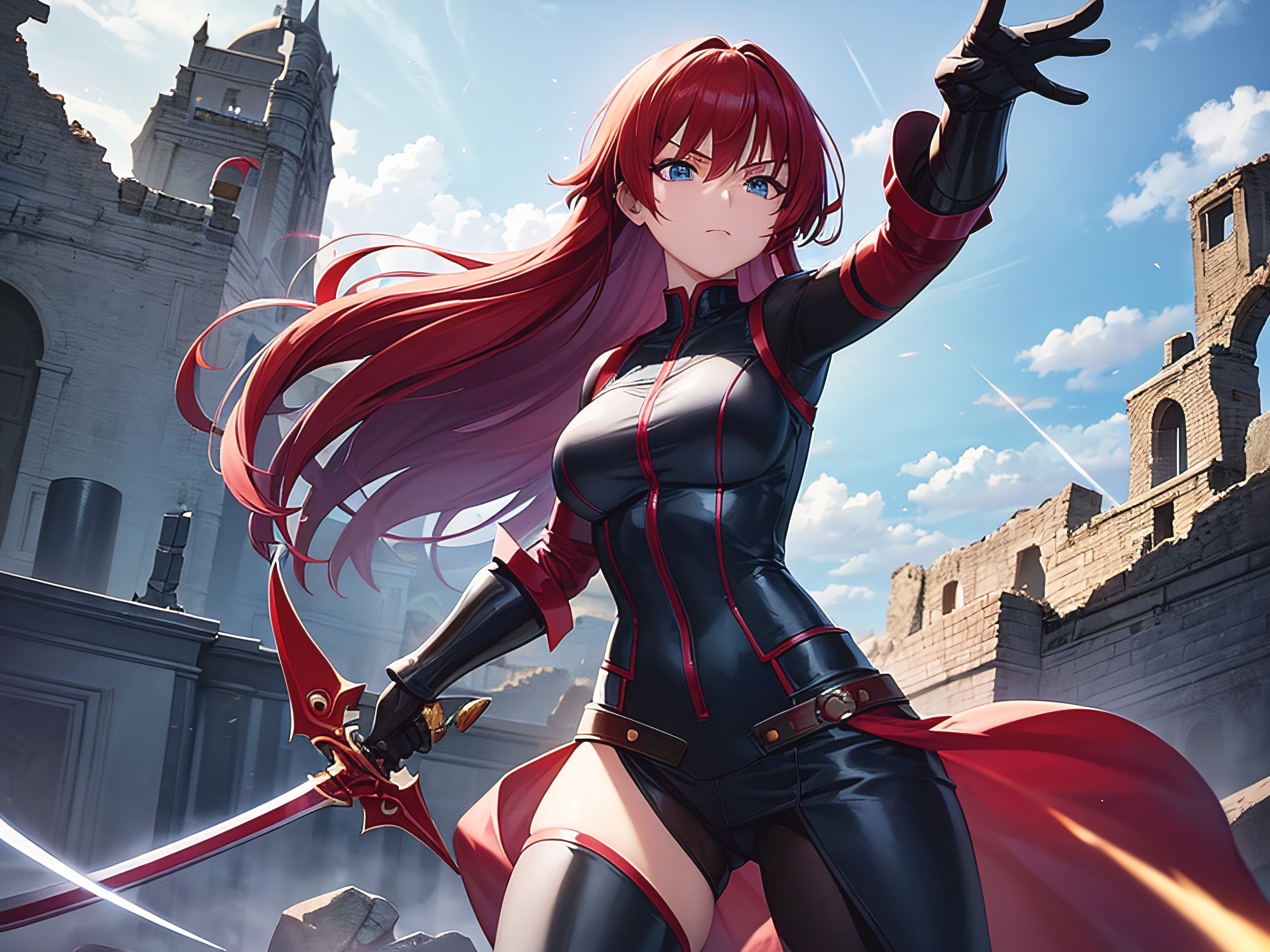 Make a blue-eyed red-haired amazon in a warrior outfit unleashing a super magic from her sword against a gorgeous ninja in ruins of a castle, cores vibrantes, contraste e brilho perfeito, estilo cinema, 16k, super atraente