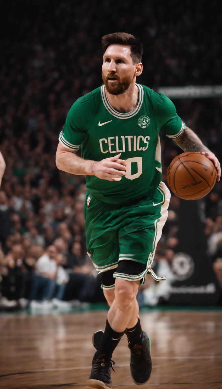 Lionel Messi jogando basquete vestindo uniforme do Boston Celtics