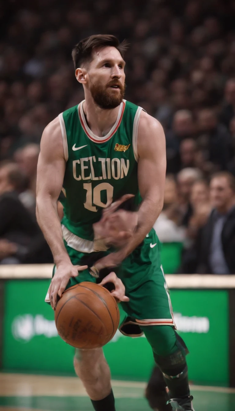 Lionel Messi jogando basquete vestindo uniforme do Boston Celtics