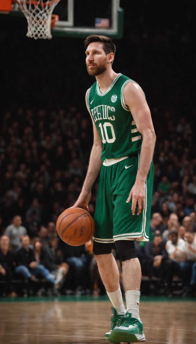 best quality, 4k, highres, ultra-detailed, realistic:1.37, professional, vivid colors, bokeh, concept artists, HDR, UHD, studio lighting, ultra-fine painting, sharp focus, physically-based rendering, portraits, Lionel Messi, basketball, Boston Celtics uniform, athletic, dynamic, intense, powerful, skilled, precision, agility, dribbling, shooting, scoring, speed, teamwork, determination, athleticism, energy, passion, competition, excellence, victory, cheering fans, fast-paced, indoor basketball court, hardwood floor, basketball hoop, net, basketball, sneakers, basketball jersey, number 10, green and white colors, spotlight, dramatic lighting