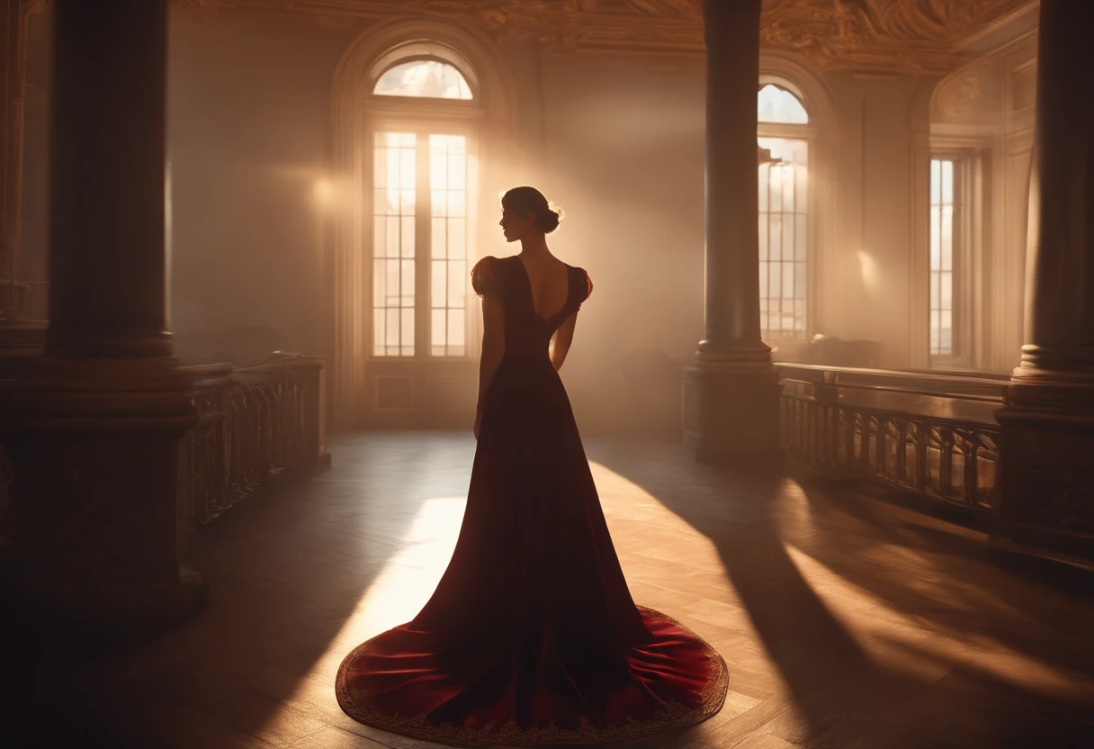 a beautiful charming fair lady dressed in a top and a long skirt standing away from a handsome man dressed in jeans and a tshirt in an old palace amidst dense shadows created by a strong streak of sun rays, 3d animation style, wide angle shot, zoomed out shot, ultra-realistic, hyper-realistic, 8k quality, fine details, original artwork