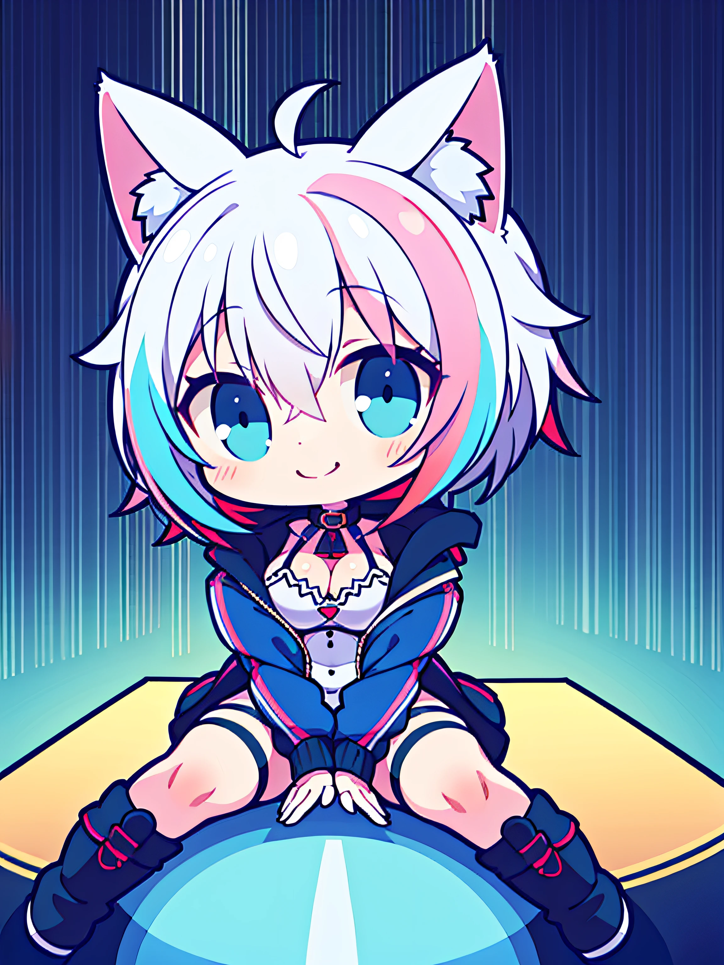 the anime character is fully dressed in very warm and sexy outfit, oversized jacket, 1girl, solo, multicolored pastel hair, blue eyes, virtual youtuber, cat ears, streaked hair, white hair, breasts, smile, short hair, expressive, dark bodysuit, neon, cyberpunk, perfect face, high res, ultrasharp, 8K, masterpiece, looking at viewer, chibi, kawaii, sitting, full body