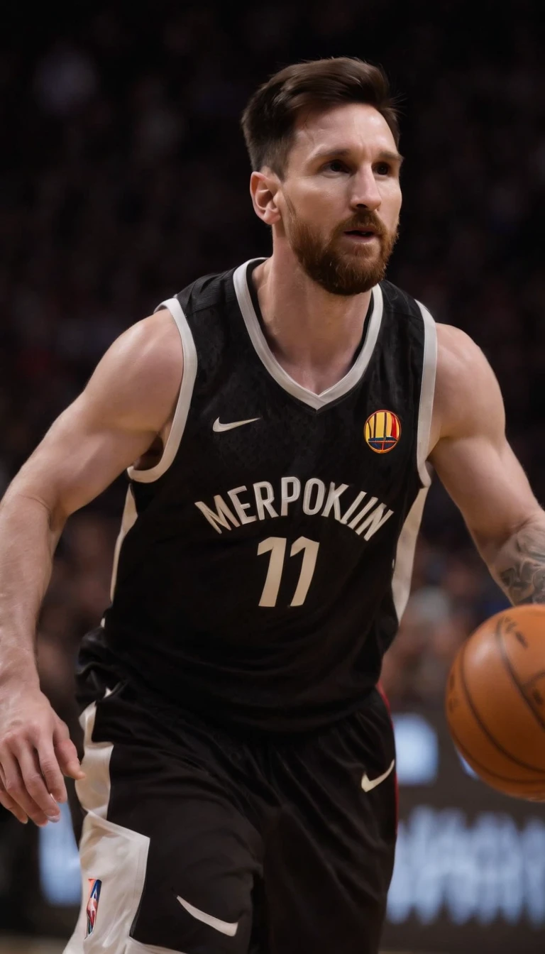 Lionel Messi jogando basquete vestindo uniforme do Brooklin Nets