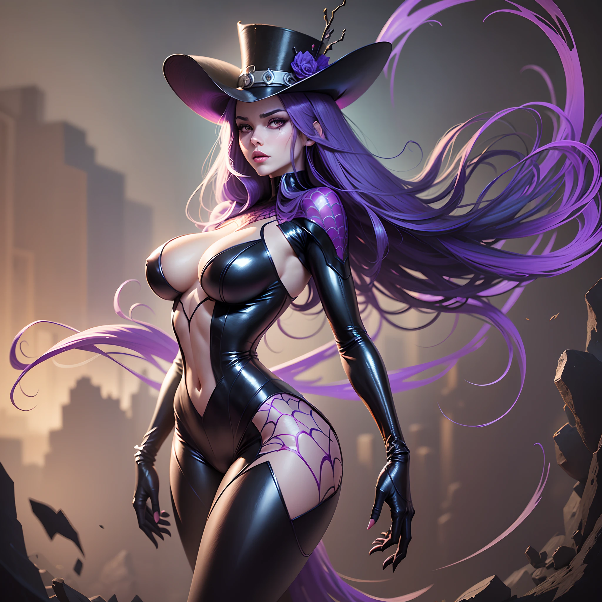 spider woman in a top hat and purple suit with a spider on her back, big spider, insanely inflated hips, made of liquid purple metal, violet spiders, spider legs large, giger spider joker, sticky tar. concept art, an ugly giant spider, giant spider, spider woman, super villain, spider, purple body, official character art, cartoon NON HUMANOID --auto --s2