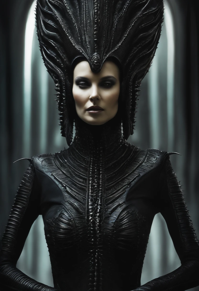 A prickly, faceless alien woman, /estilo H.G. giger