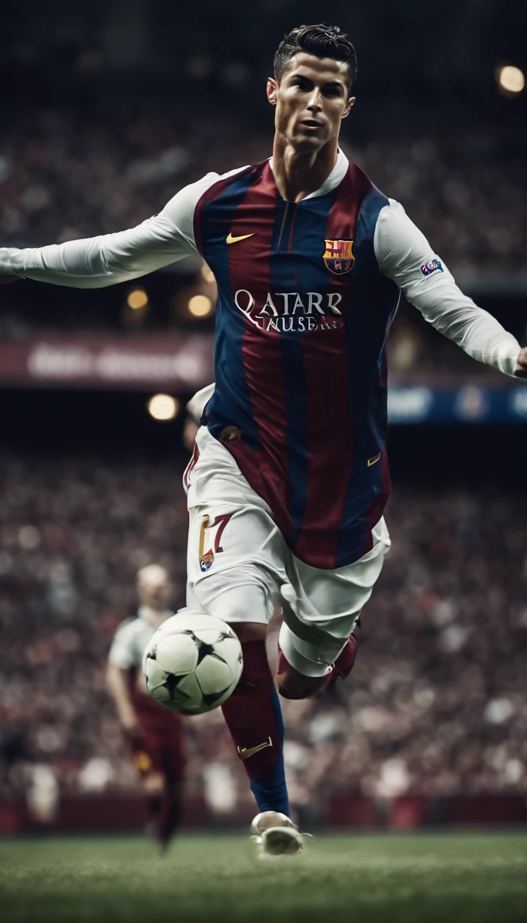 Cristiano Ronaldo jogando soccer vestindo uniforme do clube de Soccer Barcelona FC