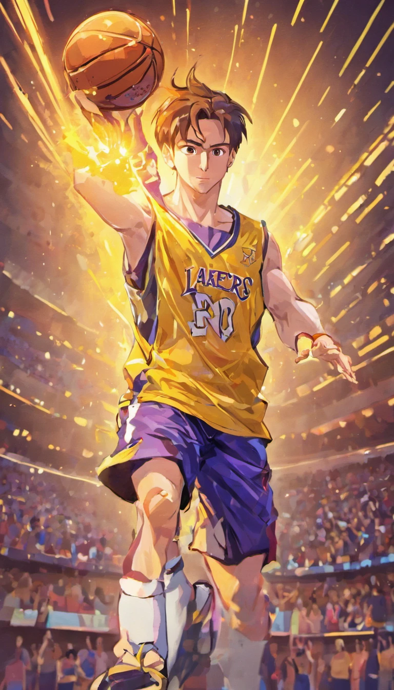 Lionel Messi jogando basquete vestindo uniforme do Los Angeles lakers