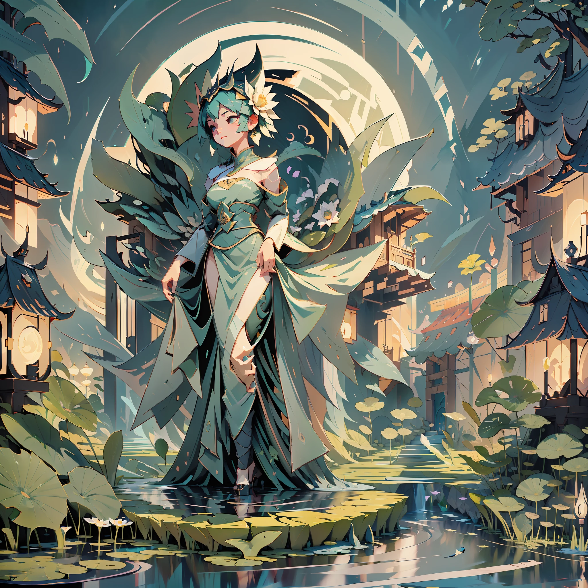 At night, she decides to take a stroll in the courtyard. The lotuses sway gently in the waters lit by the moonlight, masterpiece, best quality