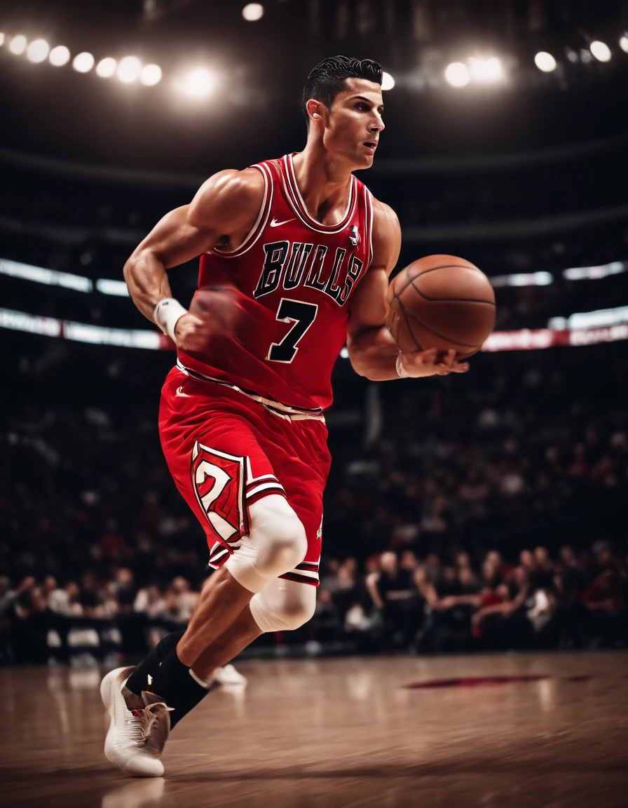 Cristiano Ronaldo jogando basquete vestindo uniforme do Chicago Bulls