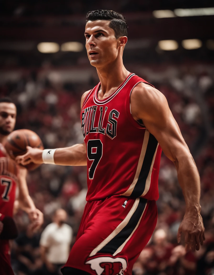 Cristiano Ronaldo jogando basquete vestindo uniforme do Chicago Bulls