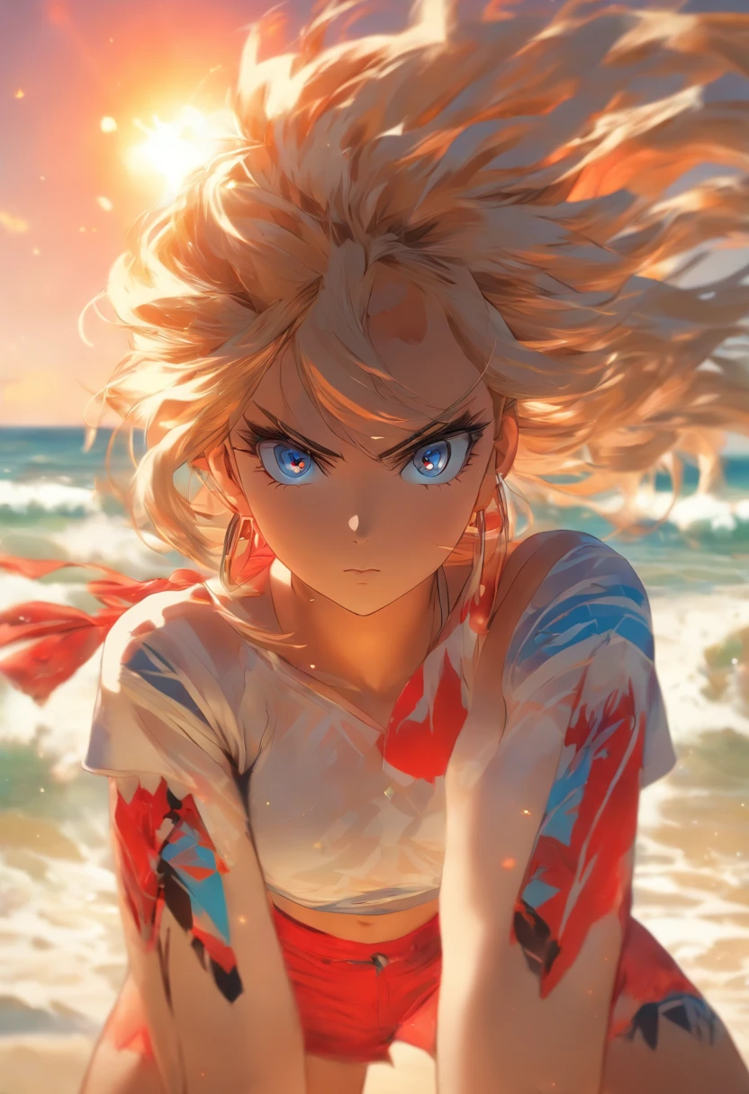 Mujer con cabellera blanca, ojos rojos y con un top negro, con escote, en una playa con el sol dando hacia ella, He also wears shorts, mejor calidad, obra maestra
