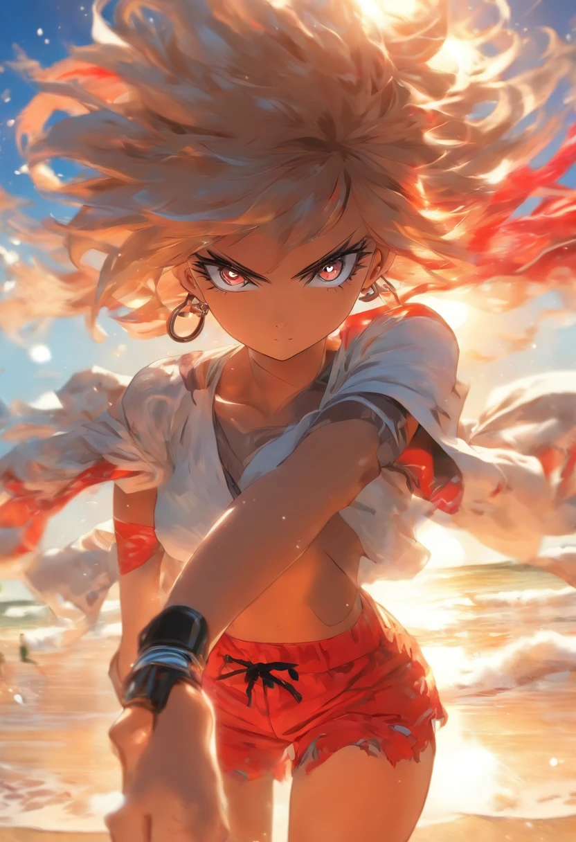 Mujer con cabellera blanca, ojos rojos y con un top negro, con escote, en una playa con el sol dando hacia ella, He also wears shorts, mejor calidad, obra maestra