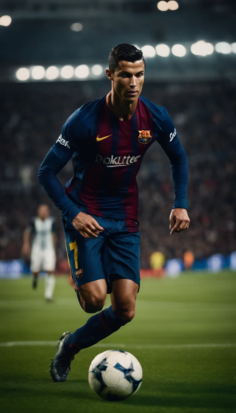 Cristiano Ronaldo jogando soccer vestindo uniforme do clube de Soccer Barcelona FC