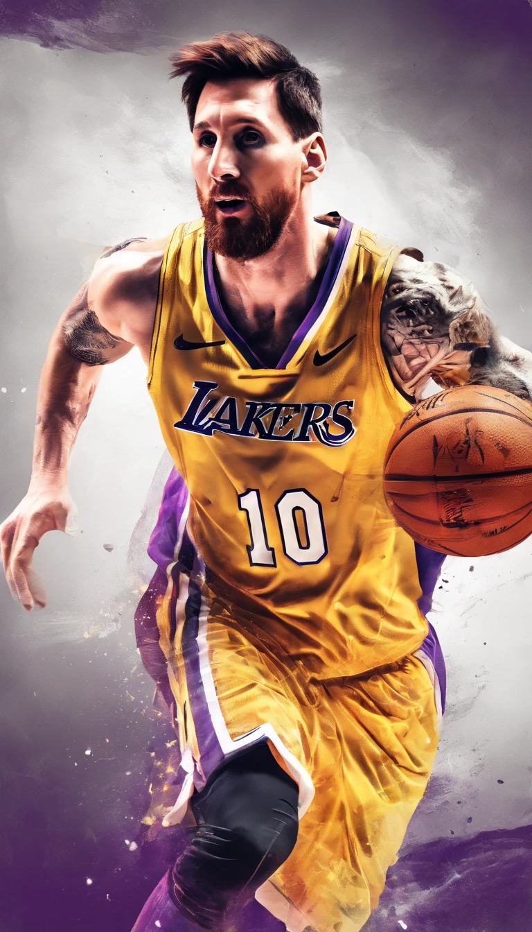 Lionel Messi jogando basquete vestindo uniforme do Los Angeles lakers