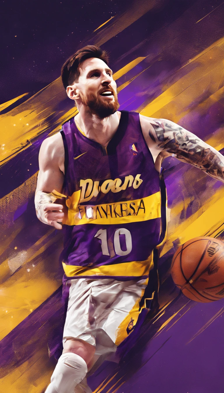 Lionel Messi jogando basquete vestindo uniforme do Los Angeles lakers
