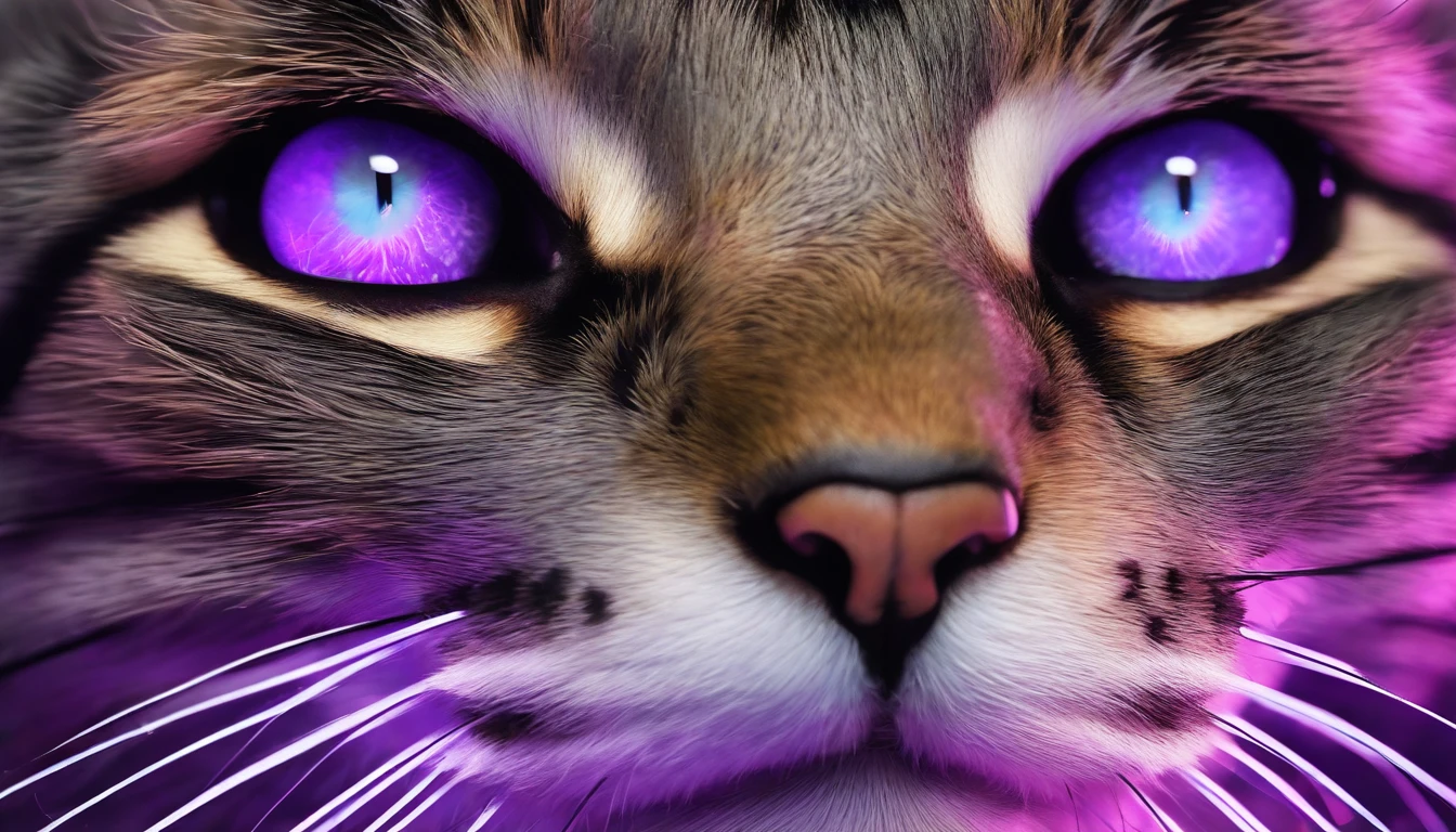 a close up of a cat with glowing eyes and a purple background, alex grey cat, purple cat, beautiful neon cats, purple glowing eyes, cat detailed, with glowing purple eyes, demon cat, metal ears purple eyes, cyberpunk cat, cat. digital painting, cat from the void, awesome cat, neon glowing eyes, led glowing purple eyes