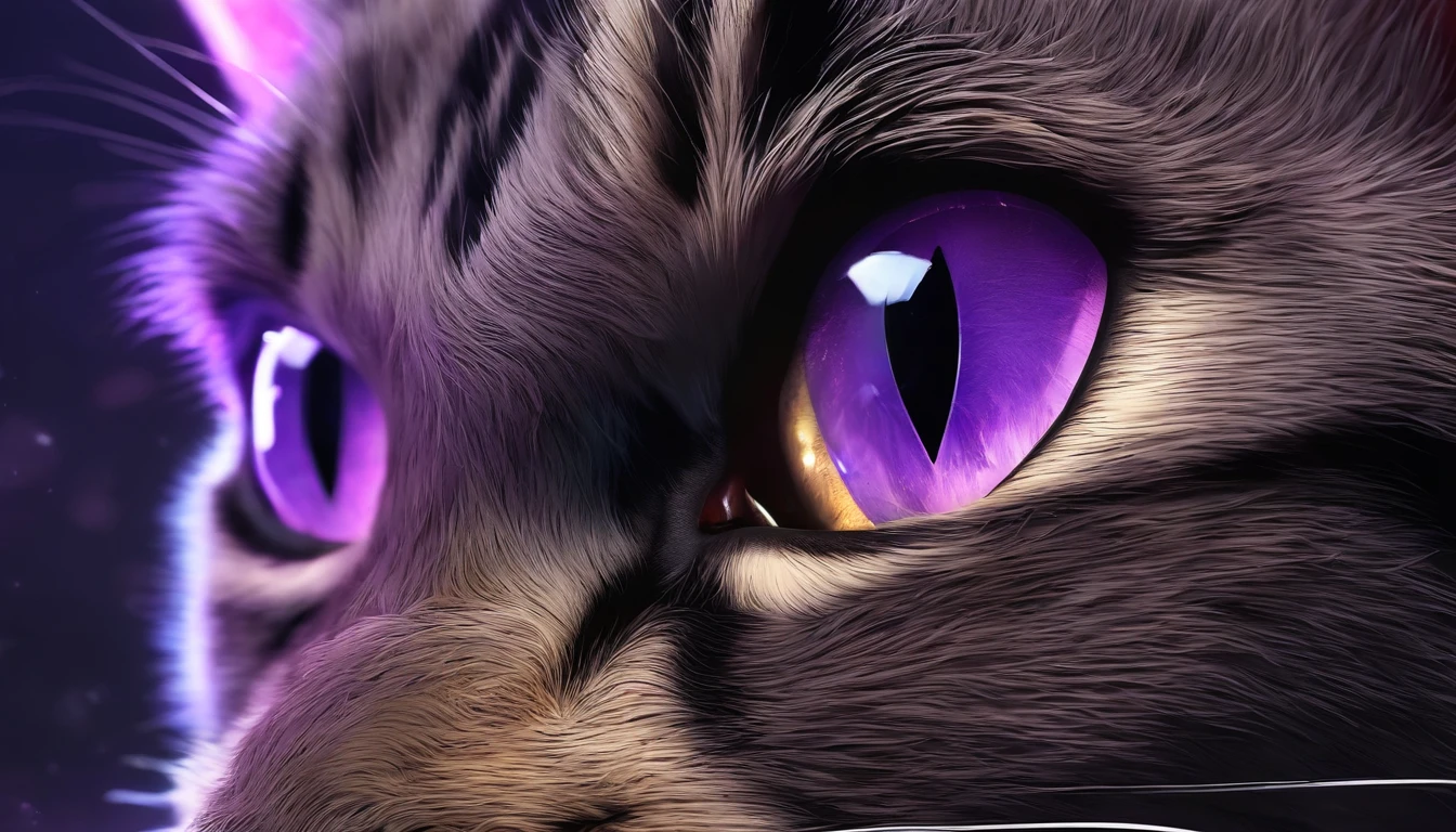 a close up of a cat with glowing eyes and a purple background, alex grey cat, purple cat, beautiful neon cats, purple glowing eyes, cat detailed, with glowing purple eyes, demon cat, metal ears purple eyes, cyberpunk cat, cat. digital painting, cat from the void, awesome cat, neon glowing eyes, led glowing purple eyes