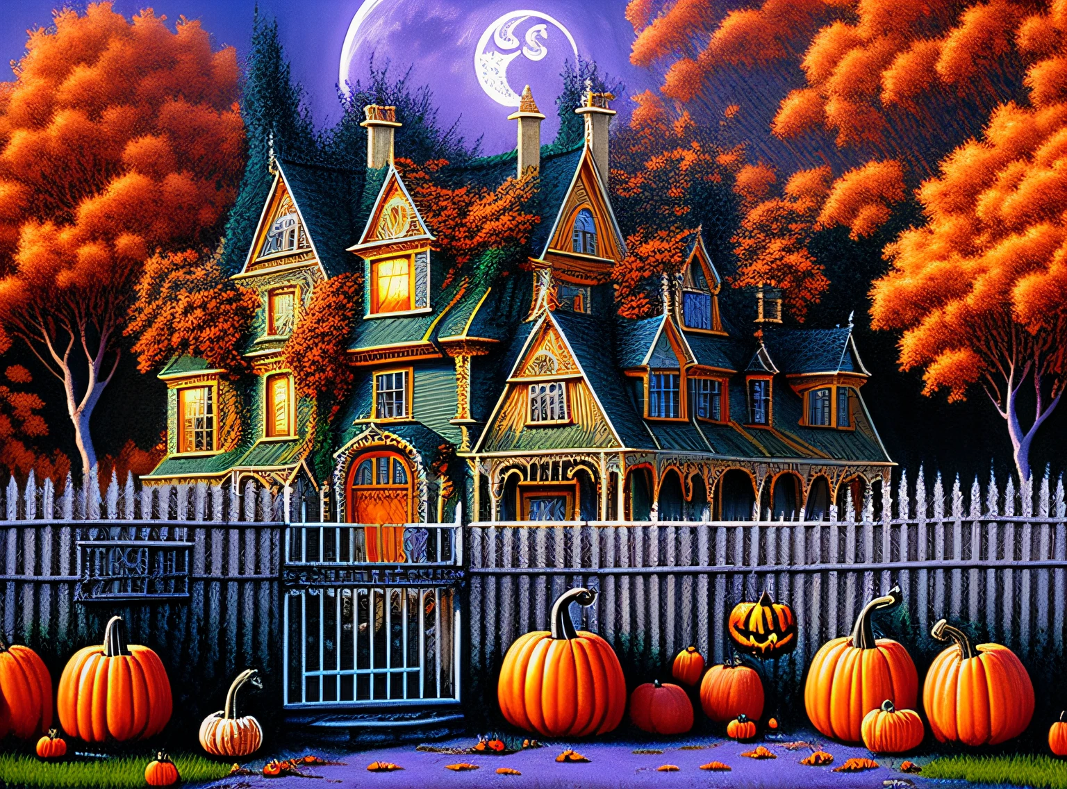 painting of a house with a fence and pumpkins in front of it, halloween scene, halloween atmosphere, ultra detailed haunted house, full of colors and rich detail, spooky mansion, by Ron Walotsky, darrell k sweet, haunted background, trick or treat, mysterious highly detailed, haunting appearance, haunted house, haunted house themed, scary detailed art in color, halloween night