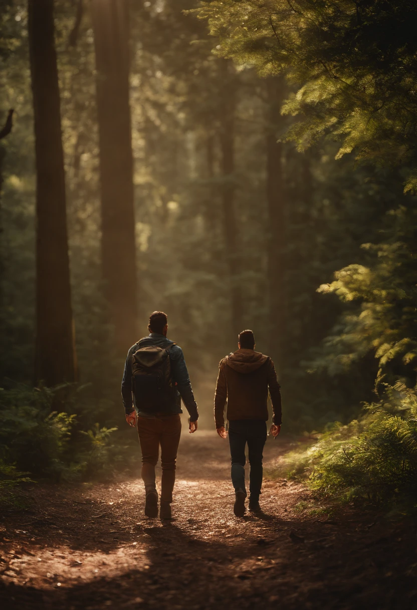 (melhor qualidade,4k,8k,Altas,master part:1.2),ultra-detalhado,Realistic,fotorrealista:1.37,garotos, teenage em roupas pretas,homem em roupas pretas andando,Ray traced, Dia chuvoso,deprimente,Floresta,fundo iluminado por candeeiro de rua, dois homens, Explorando a floresta, chuvas intensas,Volumetric lighting
