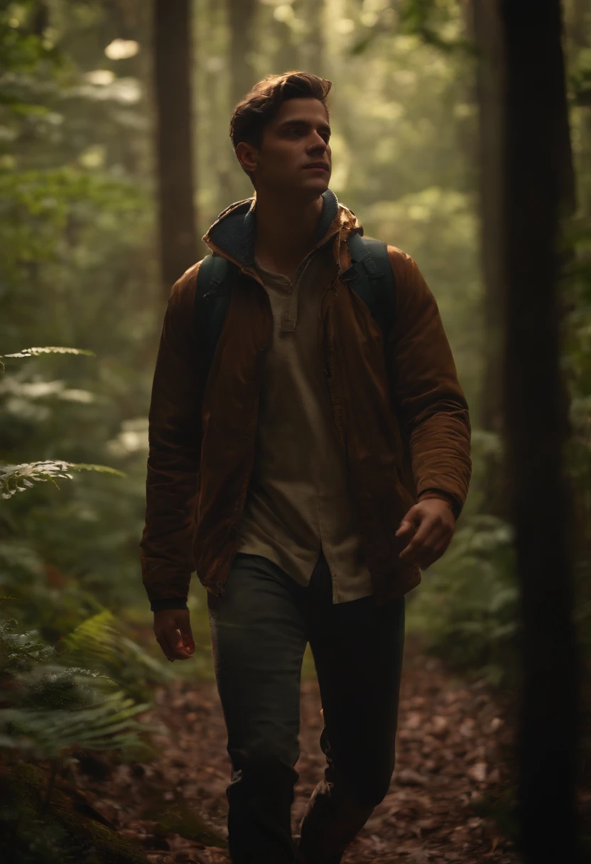 A man walking through a forest with a backpack on his back - SeaArt AI