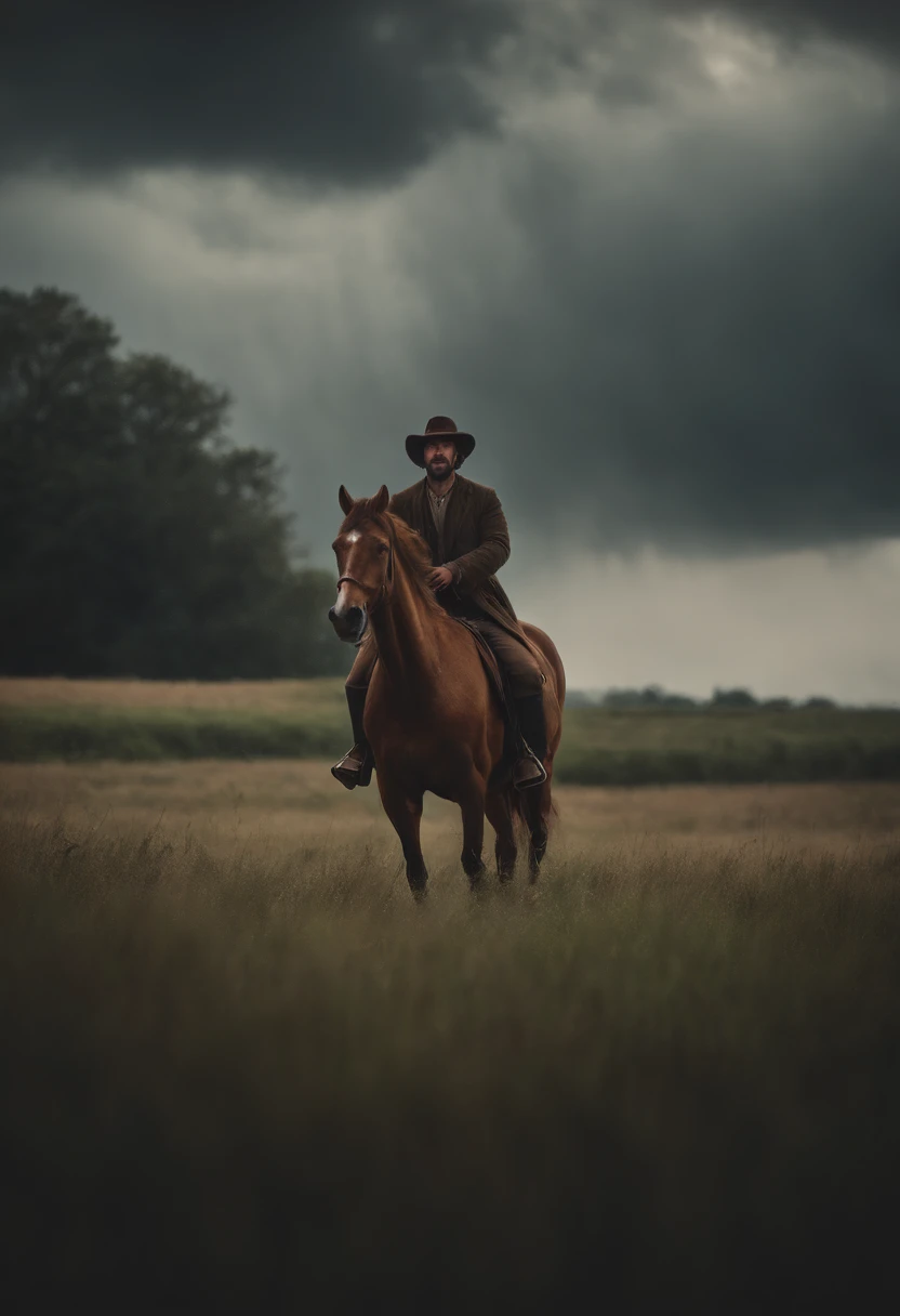 a man with a horse walking across a field in the middle of a storm and inviting the audience in the painting to join him, extending his right hand forward