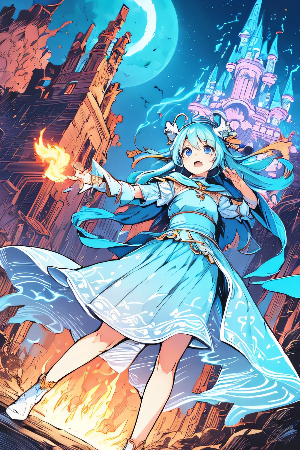 Cute Goddess、Light blue costume、Light blue flame、castle in background