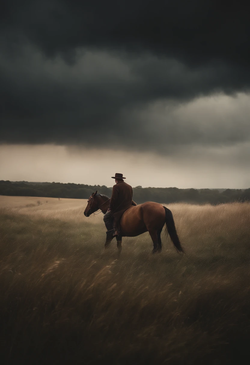 a man with a horse walking across a field in the middle of a storm and inviting the audience in the painting to join him, extending his right hand forward