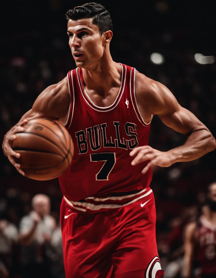 Cristiano Ronaldo jogando basquete vestindo uniforme do Chicago Bulls