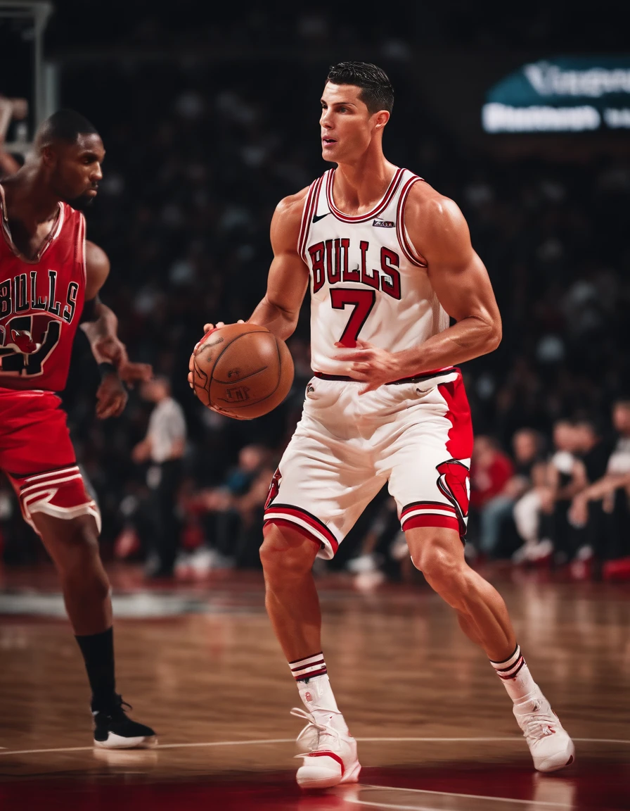 Cristiano Ronaldo jogando basquete vestindo uniforme do Chicago Bulls