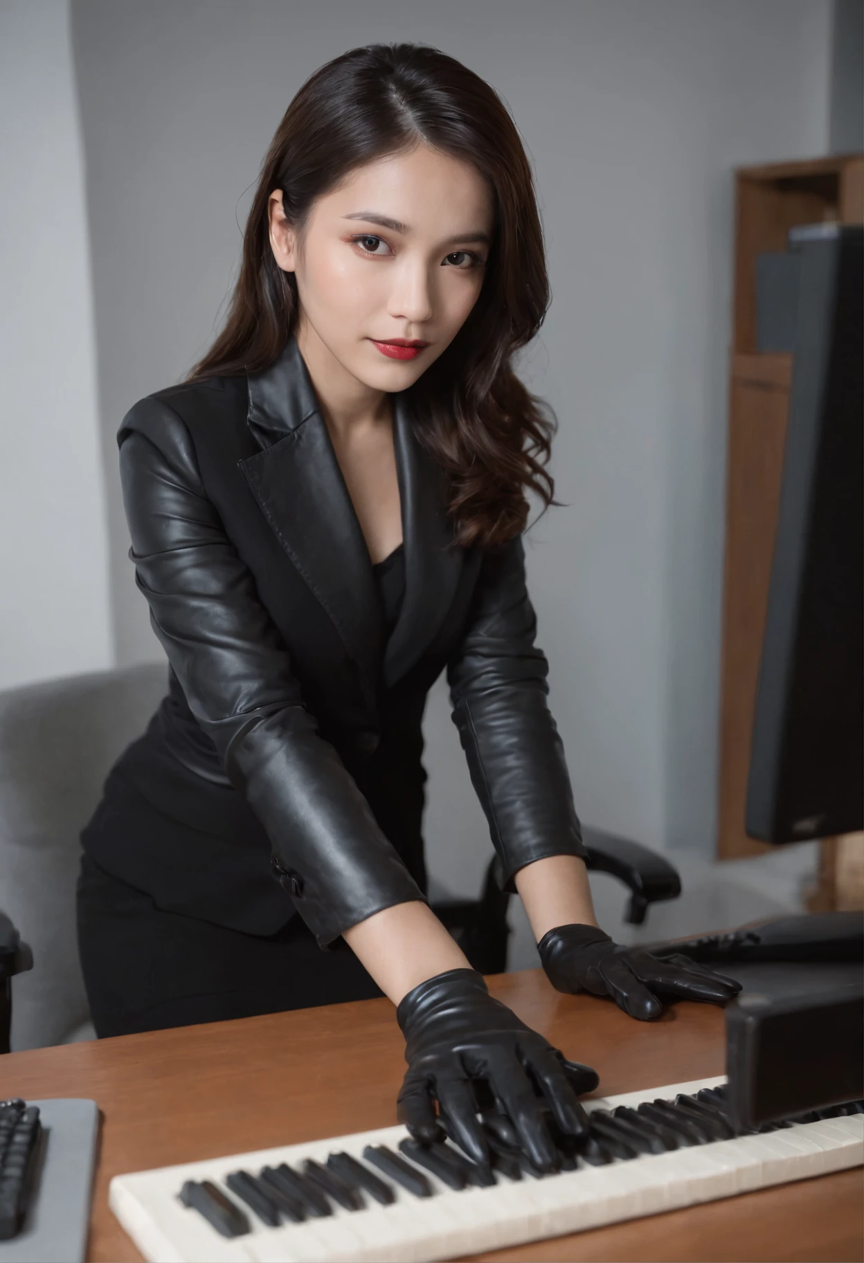 Wearing black leather gloves in both hands, upper body, black business suit, facing the desk in my room with a computer in the dark, tapping the keys of the computer keyboard with the fingertips of black leather gloves while looking at the screen, black hair bundled in the back for a long time, Japanese female new employee (black leather gloves cover both hands) (angle is in the front)