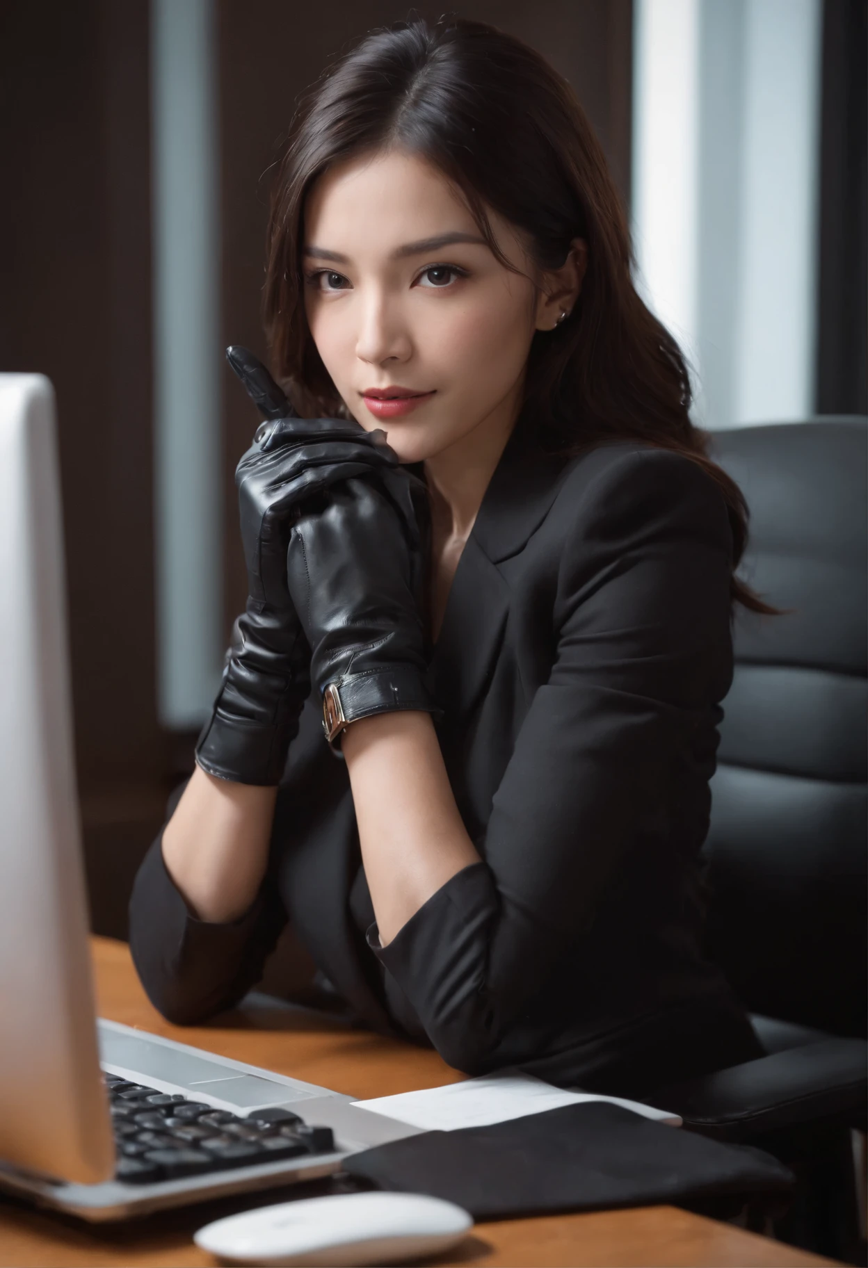 Wearing black leather gloves in both hands, upper body, black business suit, facing the desk in my room with a computer in the dark, tapping the keys of the computer keyboard with the fingertips of black leather gloves while looking at the screen, black hair bundled in the back for a long time, Japanese female new employee (black leather gloves cover both hands) (angle is in the front)