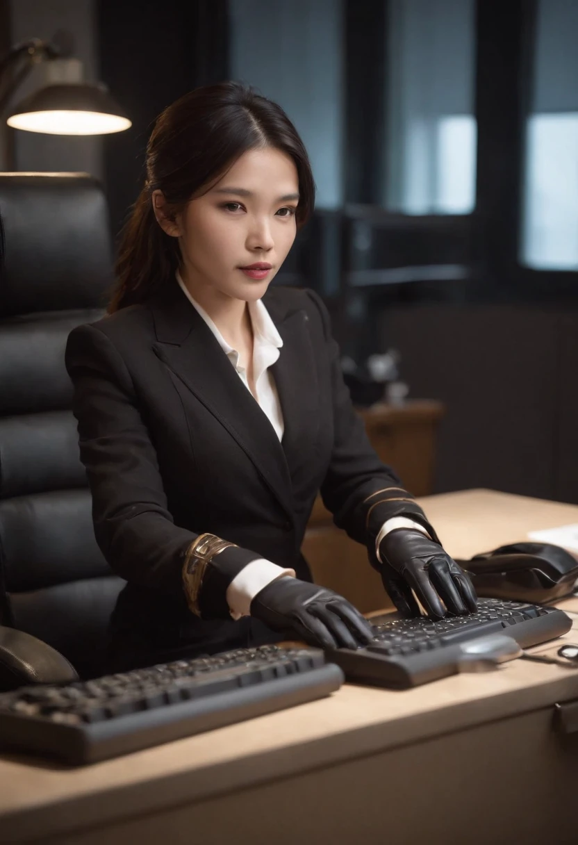 Wearing black leather gloves in both hands, upper body, black business suit, facing the desk in my room with a computer in the dark, tapping the keys of the computer keyboard with the fingertips of black leather gloves while looking at the screen, black hair bundled in the back for a long time, Japanese female new employee (black leather gloves cover both hands) (angle is in the front)