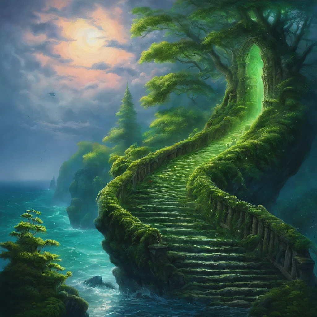 Her worries leave her as she ascends the stone steps on the mountains. The forest is damp from the night rain, and bright green moss appears overnight, masterpiece, best quality