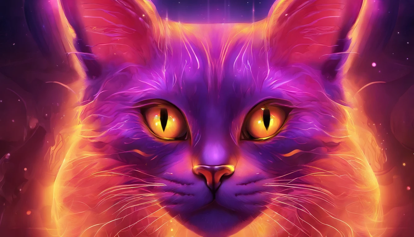 a close up of a cat with glowing eyes and a purple background, alex grey cat, purple cat, beautiful neon cats, purple glowing eyes, cat detailed, with glowing purple eyes, demon cat, metal ears purple eyes, cyberpunk cat, cat. digital painting, cat from the void, awesome cat, neon glowing eyes, led glowing purple eyes