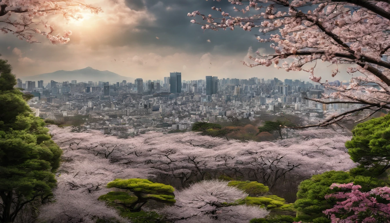 ((masterpiece)), ((top-quality)), (hight resolution), (extremely detailed CG unified 8k wallpaper),Movie Light Effects,(Near and far law),Beautiful lighting,光线追踪,(beautiful night scene:1.4),(projected inset),The warm,springtime,(cloudy ash sky:1.2),((The cherry tree)),(from behind),((cherryblossom),Sunlight,(Detailed Spring Shinjuku Gyoen National Garden 1.4),TOKYOcty,Shinjuku,By Shinkai Makoto,(Garden of Words:1.3),((Detailed distant cityscape)),Residential area,condominium,apartament,looking at the city,serene ambiance,Photorealsitic,Background Focus,Panoramic shooting,f/2.8,35m