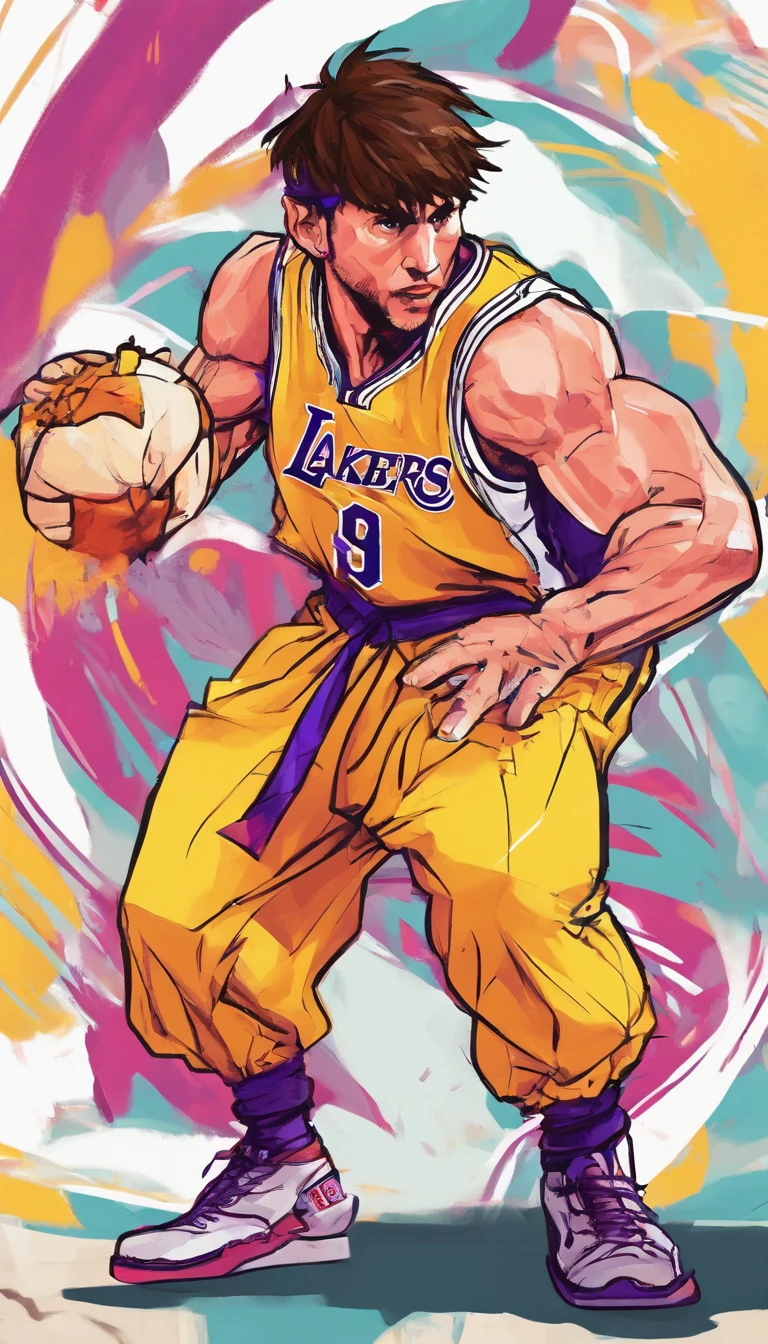 Lionel Messi jogando basquete vestindo uniforme do Los Angeles lakers