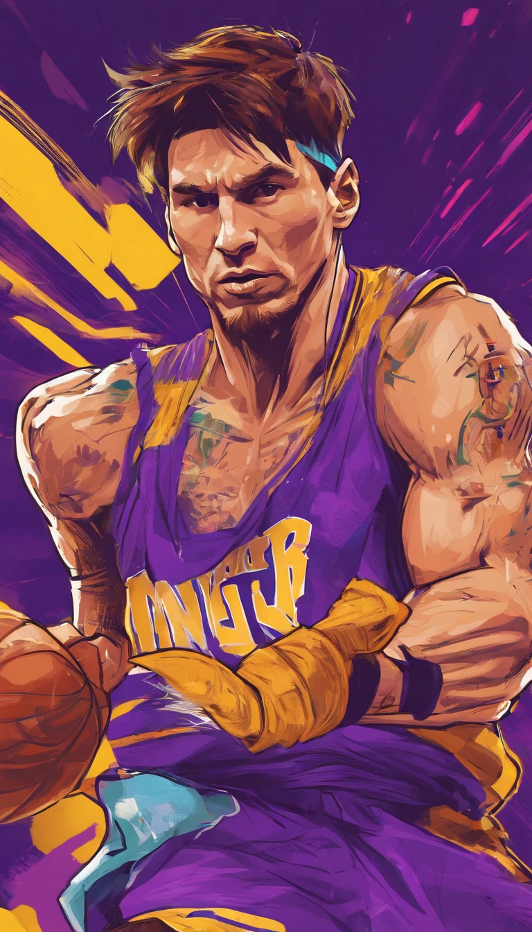 Lionel Messi jogando basquete vestindo uniforme do Los Angeles lakers