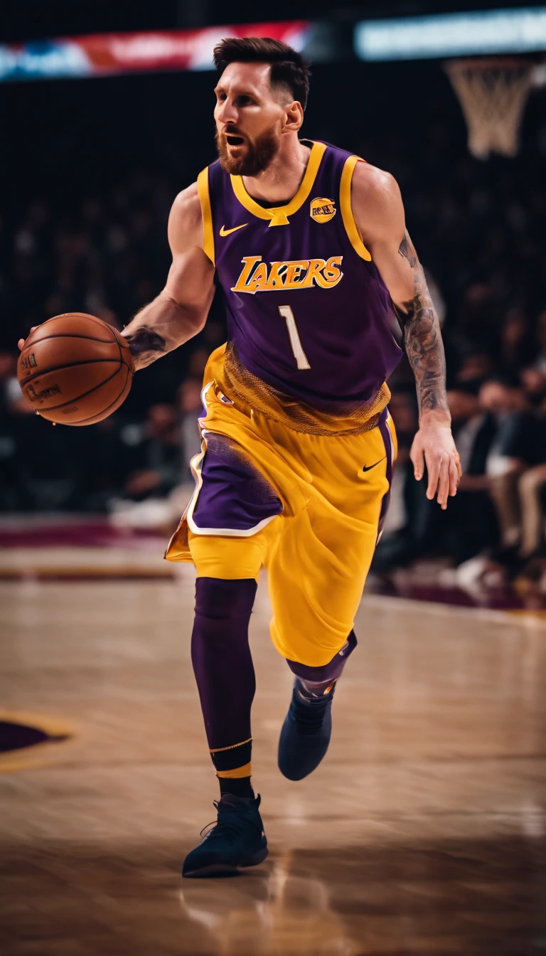 Lionel Messi jogando basquete vestindo uniforme do Los Angeles lakers