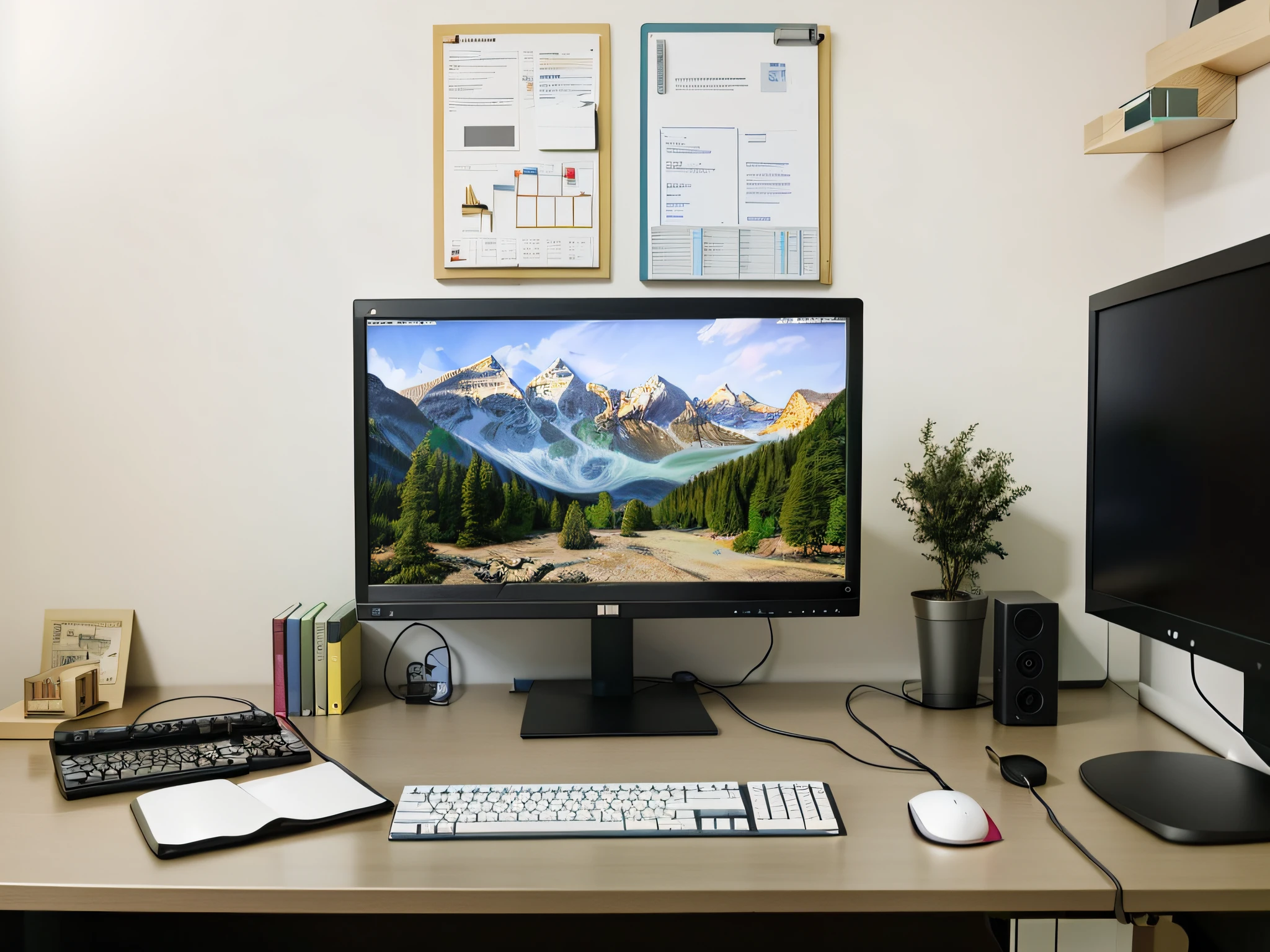 there is a computer monitor and keyboard on a desk, intrincado detalhado 8 mil, computer setup, monitor de computador, tela colorida do computador, monitor de computador grande, Desktopografia, imagem da tela do pc, tudo cabe na tela, 8 mil. preenchimento da vista, home office, Tiro de 8 mil de largura, na frente de um computador