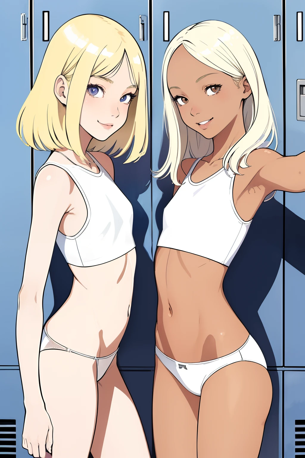 (superflat, flat shading, flat colors:1.1), 2girls, young teen, schoolgirl, slim, small breast, blonde hair, (tanned skin:0.5), pale skin, white crop top, (white panties), smile, selfie, locker room, bright sunlight, best shadows, watercolor,