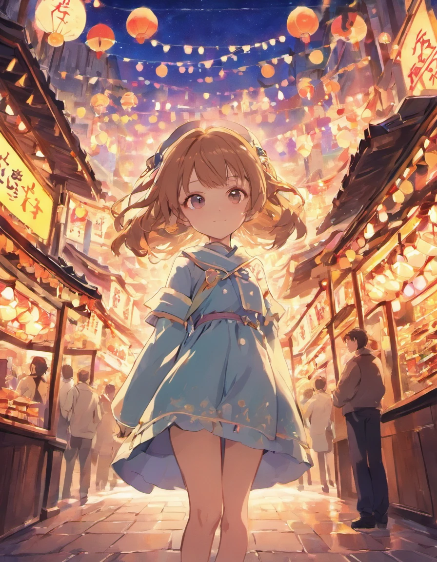 Create a stunning 4K UHD anime illustration in the best quality, aiming for a masterpiece. The illustration should feature an anime girl with light brown hair, streaked with vibrant highlights, and blunt bangs. Her pink eyes should be depicted as glowing with excitement.
The scene is set at a lively festival, with a bustling background filled with people, colorful street lights, and charming shops. The festival atmosphere should be vibrant and full of energy.
The anime girl should be shown walking through the festival, capturing the essence of her excitement as she explores the vibrant atmosphere. The illustration should highlight the play of light and shadow, creating a visually captivating and immersive experience.
Ensure that the colors, details, and overall composition are of the highest quality to create a masterpiece that brings out the magic of a festive night.