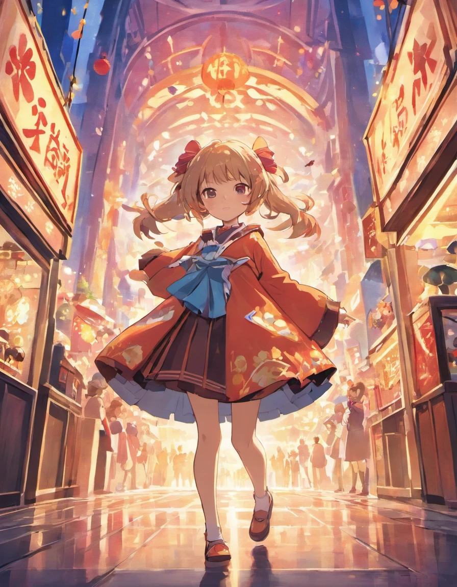 Create a stunning 4K UHD anime illustration in the best quality, aiming for a masterpiece. The illustration should feature an anime girl with light brown hair, streaked with vibrant highlights, and blunt bangs. Her pink eyes should be depicted as glowing with excitement.
The scene is set at a lively festival, with a bustling background filled with people, colorful street lights, and charming shops. The festival atmosphere should be vibrant and full of energy.
The anime girl should be shown walking through the festival, capturing the essence of her excitement as she explores the vibrant atmosphere. The illustration should highlight the play of light and shadow, creating a visually captivating and immersive experience.
Ensure that the colors, details, and overall composition are of the highest quality to create a masterpiece that brings out the magic of a festive night.